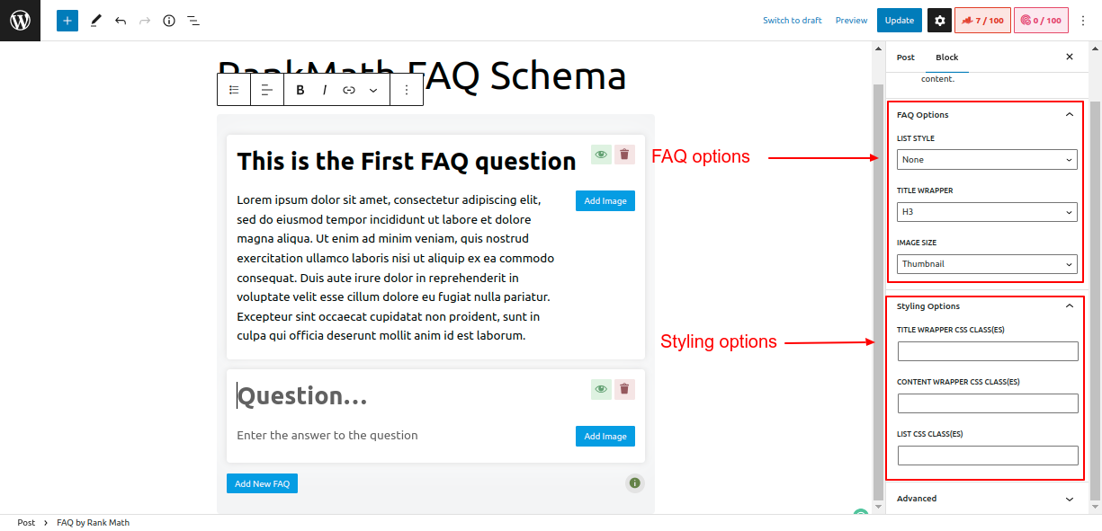 FAQ and Styling options of Rank Math SEO plugin