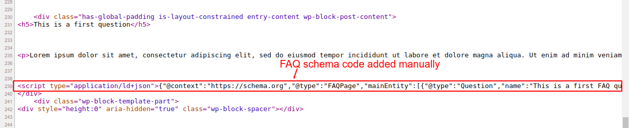 FAQ schema code added manually to the post