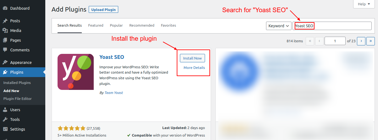 Search, install, and activate the Yoast SEO plugin
