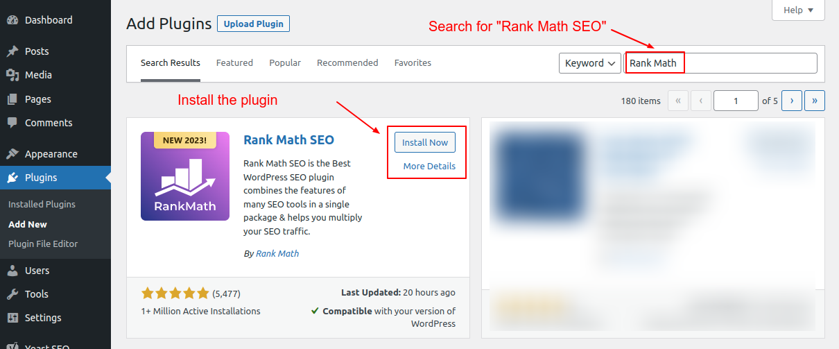 Search, install, and activate the Rank Math SEO plugin