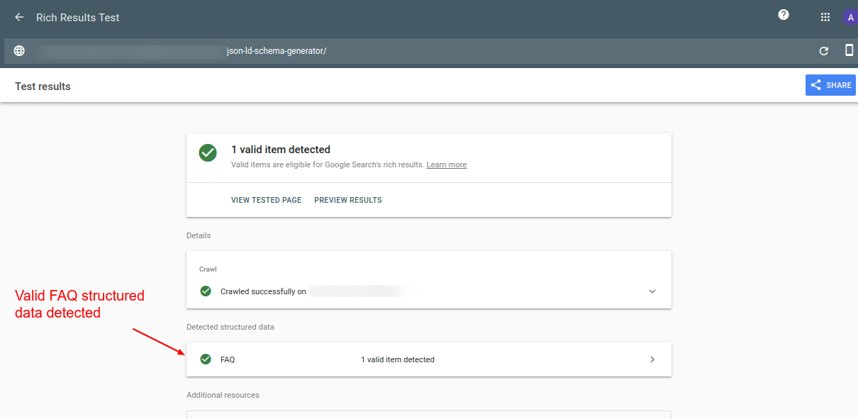 Test results show a valid FAQ schema