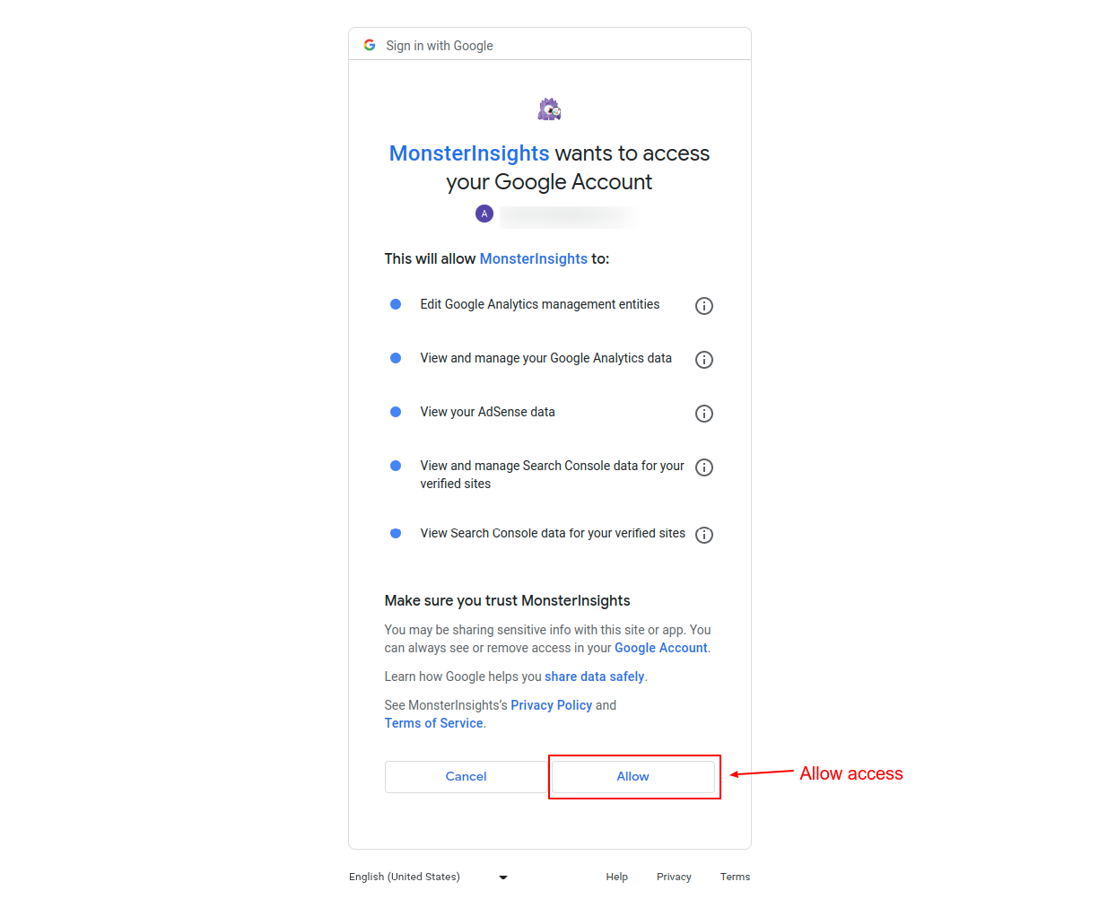 Allow Monsterinsights to access your Google account data