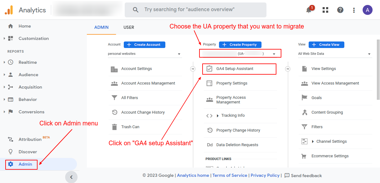 Choose the UA property to migrate