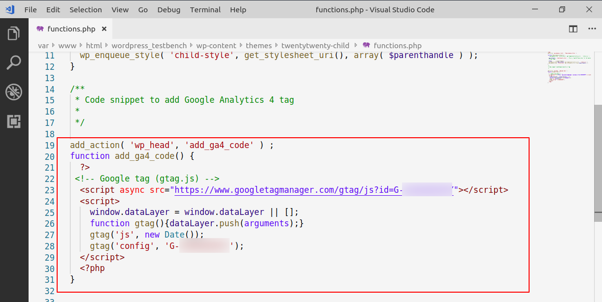 GA4 code added through functions.php file