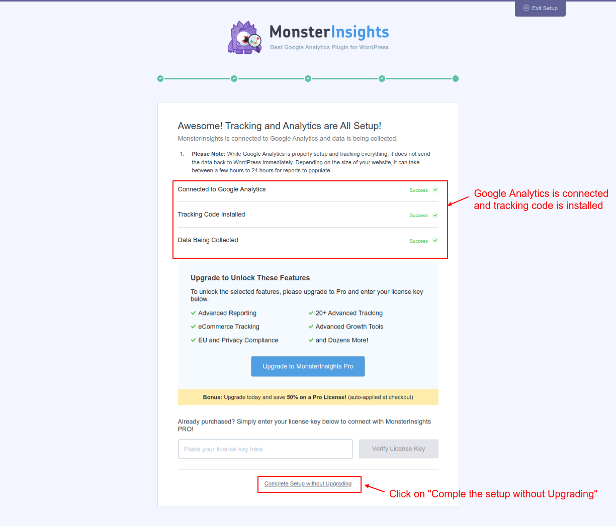 Google Analytics is connected, and the tracking code is installed