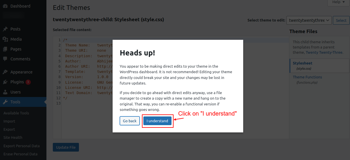 Theme editor showing a warning for making direct edits to file