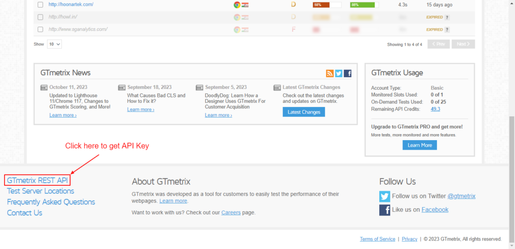 Click on “GTmetrix REST API” to get the API Key