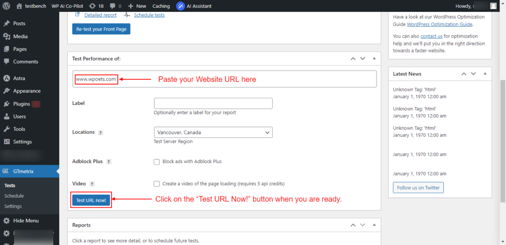 Paste your Website URL and click on test url