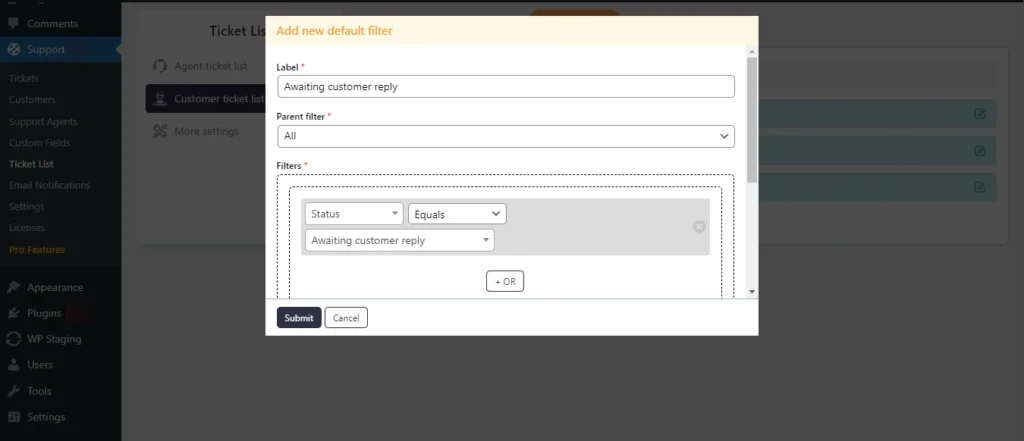 Adding Default Filters to Customer Tickets