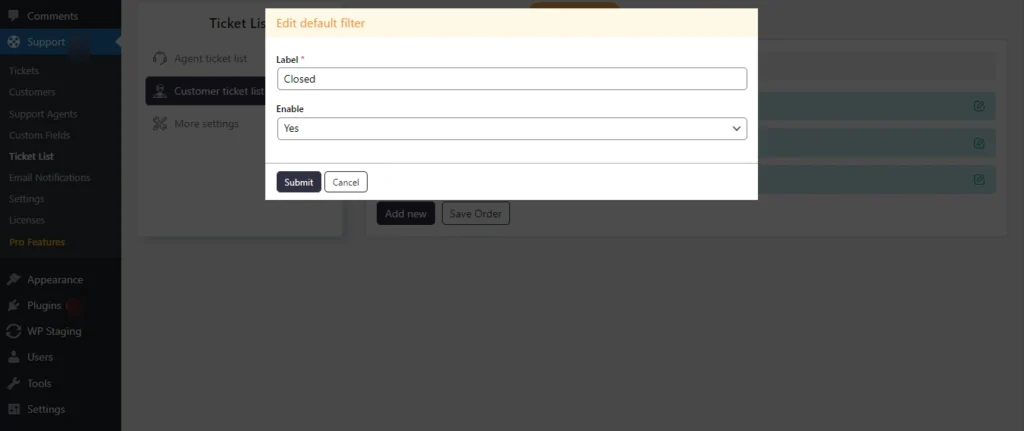 Edit Customer tickets Default Filter