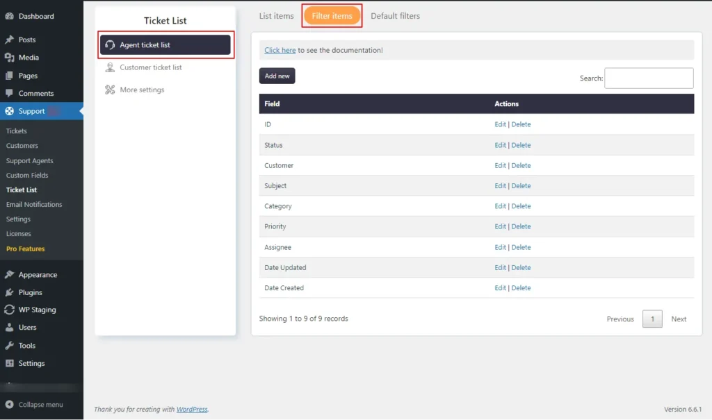 List of available filters in the Agent Ticket List