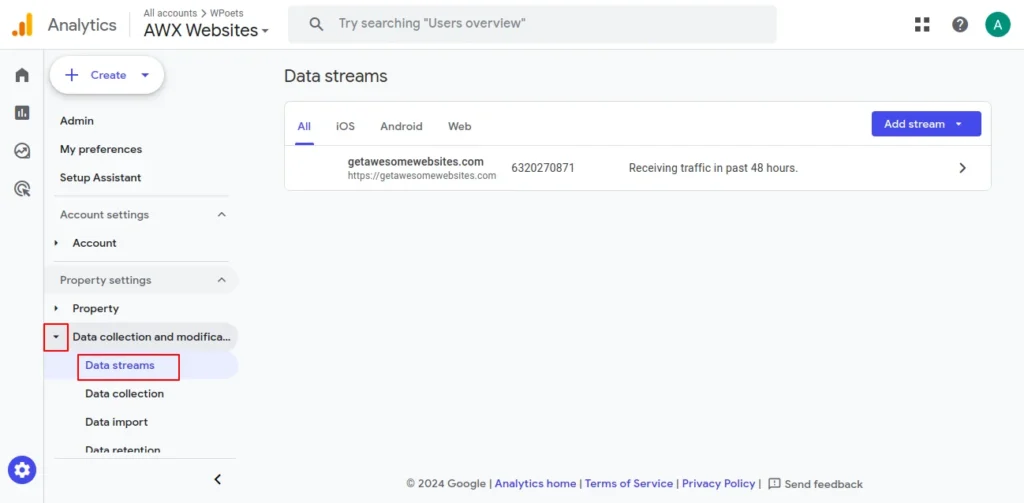 Select the stream to exclude internal traffic